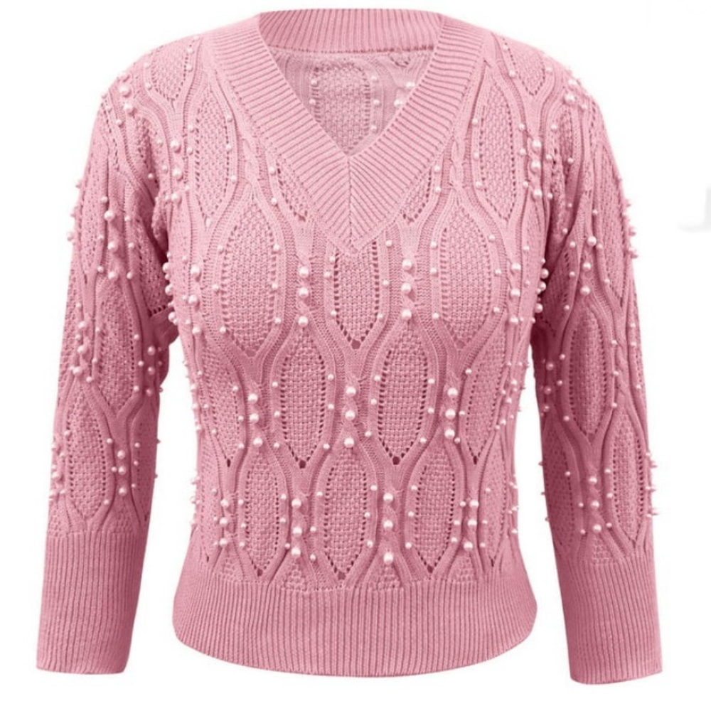 NWT Estampados Pink Pearl Encrusted V Neck Sweater / Sz small